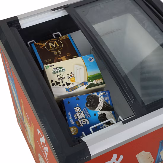 La Chine Usine OEM 168L Supermarché Refroidisseur Réfrigérateur Commercial Porte En Verre Mini Réfrigérateur Vitrine De Crème Glacée Fruits Viande Lot Affichage Congélateur Coffre Profond Congélateur